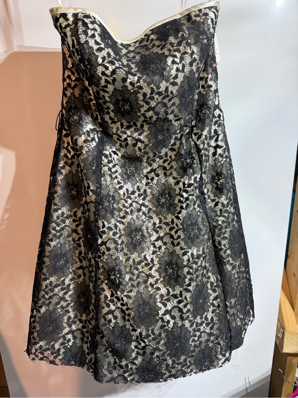 Betsy & Adam Black Lace Strapless Dress with Gold Lining